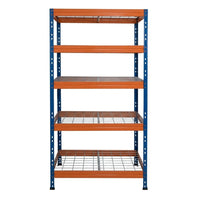 Modro-oranžový kovový regál s piatimi policami, rozmery 90x45 cm, pohľad spredu