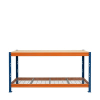 Banco de trabajo Bullrack Rivet PRO con base de tablero aglomerado DTD y malla de acero capacidad de carga de hasta 480 kg 100x120x60cm 2 niveles azul naranja