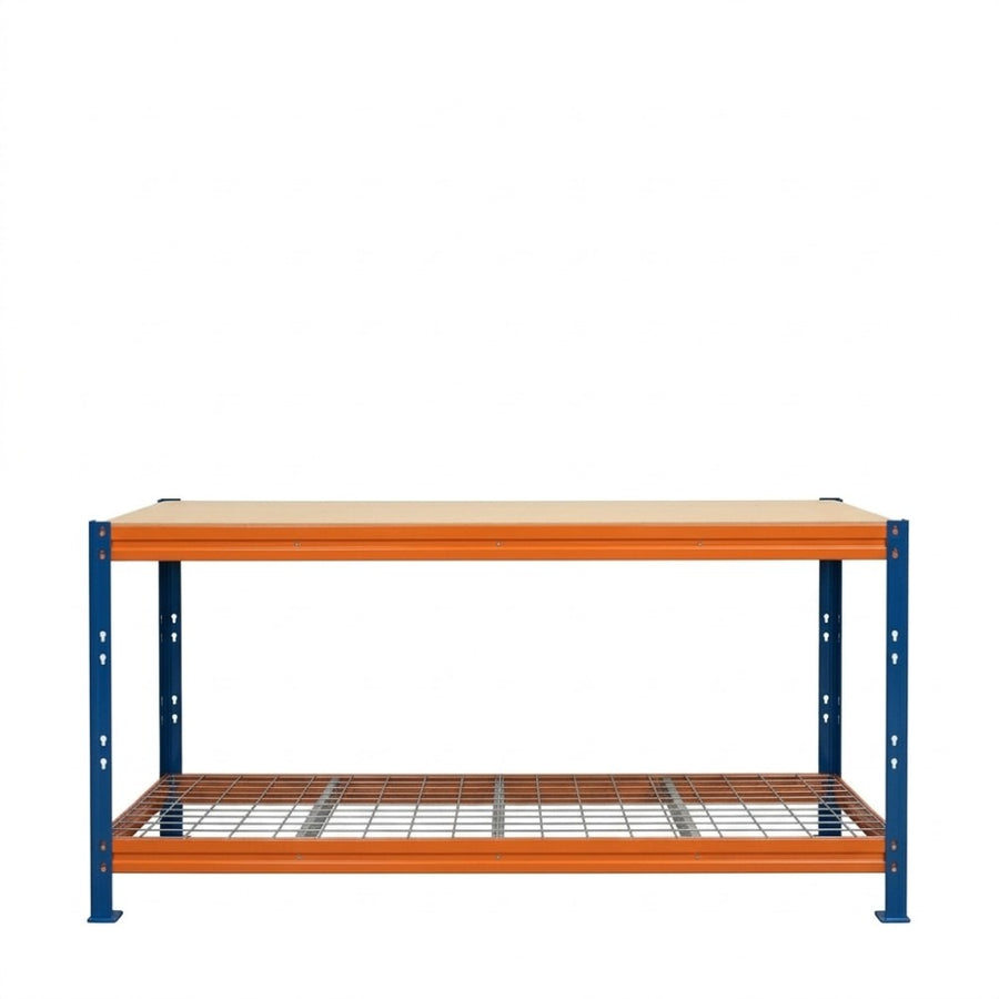 Modro-oranžový pracovný stôl Bullrack Rivet Pro s drôteným košom, detail drôtenej prednej časti koša.